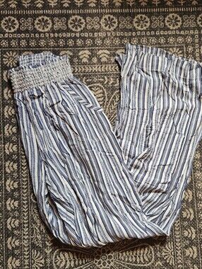 Blue and White Striped Smocked Waist Pants